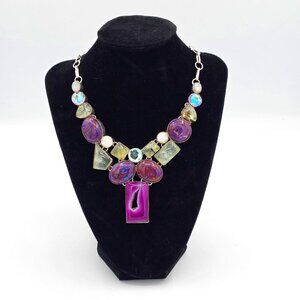 Statement Gemstone Necklace Purple Pink Green Silver Tone Fashion Jewelry
